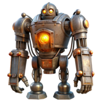 magnificent rustic A giant robot, constructed from scrap metal and glowing wires, stands guard over a desolate, alien landscape. Harsh, industrial lighting. Dieselpunk style high quality png
