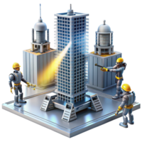 serene artistic A team of construction robots assembling a futuristic skyscraper, beams of light cutting through the dusty air. Architectural rendering style authentic png