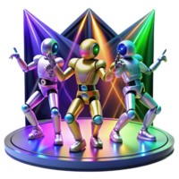 magnificent minimalist A group of robot dancers performing a synchronized routine under vibrant, multi-colored stage lights. Abstract art style professional png