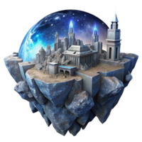 beautiful creative A crumbling, ancient alien city floating in the void, illuminated by the spectral light of a nearby supernova. Dark fantasy, detailed architecture high resolution png