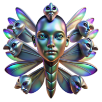 elegant artistic A swarm of iridescent dragonflies forming the shape of a human face, illuminated by a single beam of light, Art Deco style genuine png