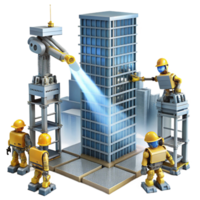 vibrant artistic A team of construction robots assembling a futuristic skyscraper, beams of light cutting through the dusty air. Architectural rendering style authentic png