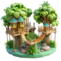 wonderful abstract Treehouse village, interconnected by rope bridges, lush jungle setting, fantasy illustration style high resolution png