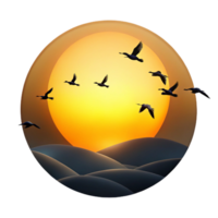serene modern A group of migrating birds silhouetted against the sunset, dramatic lighting, minimalist style authentic png