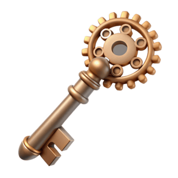dramatic artistic A steampunk key, with intricate carvings and a clockwork mechanism embedded in the handle. Soft, diffused lighting, antique style, photorealistic rendering high quality png
