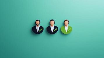 Three stylized business professionals in suits against a turquoise background, representing teamwork photo
