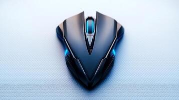 Sleek modern gaming mouse design with glowing accents on a textured background photo