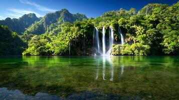 Serene waterfall cascading into a tranquil lake surrounded by lush green mountains under a clear sky photo