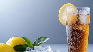 Refreshing beverage with ice and lemon slices, set against a soft gradient background photo