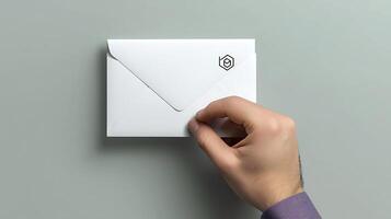 Hand opening a sealed envelope on a minimalist gray background, suggesting communication and anticipation photo