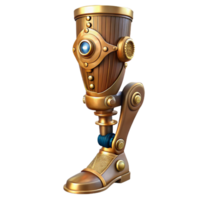serene rustic A steampunk prosthetic leg, crafted from polished wood and brass, featuring intricate carvings and clockwork details. Neutral lighting, realistic style, high detail exclusive png