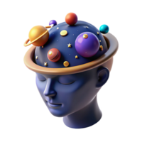 stunning traditional A human head filled with a miniature galaxy, surrounded by orbiting planets and stars, lit by a cosmic glow. Space art style 4K png