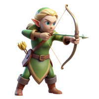 serene classic A graceful elf with long, pointed ears and a bow and arrow, aiming at a distant target. Soft, forest lighting. Fantasy art style 4K png