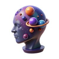 impressive vintage A human head filled with a miniature galaxy, surrounded by orbiting planets and stars, lit by a cosmic glow. Space art style professional png