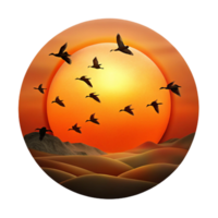 serene abstract A flock of migratory birds silhouetted against a fiery sunset, dramatic lighting, minimalist art style high resolution png
