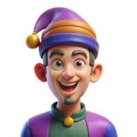 magnificent vintage Portrait of a man with a mischievous glint in his eyes, wearing a jester's hat, lit by colorful, theatrical lighting, in a whimsical style high resolution png