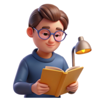 vibrant contemporary Portrait of a student with a focused expression, wearing glasses and reading a book, lit by a desk lamp, in a realistic style professional png
