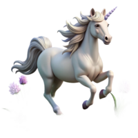dramatic artistic A majestic unicorn with a silver horn and flowing mane, galloping through a field of wildflowers. Fantasy realism style, soft lighting premium png