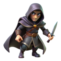 stunning contemporary A cunning rogue with a hooded cloak and a gleaming dagger, sneaking through the shadows. Dark fantasy style, low-key lighting professional png