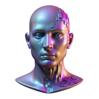 impressionante clássico uma holográfico projeção do uma humano face desintegrando para dentro píxeis, problemático e distorcido, cyberpunk estilo profissional png