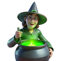 magnificent modern A powerful witch brewing a potion in a cauldron, her face illuminated by the green glow. Eerie, magical lighting. Gothic style detailed png