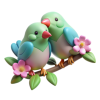 stunning rustic A pair of lovebirds perched on a flowering branch, nuzzling each other affectionately, rendered in a soft, romantic style authentic png