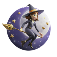 beautiful classic A young witch with a pointed hat and a broomstick flies across a starry night sky. Silhouetted against the moon. Halloween style genuine png