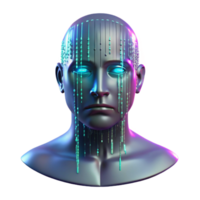 beautiful contemporary A holographic projection of a human face, fragmented and glitching, against a backdrop of binary code streaming down a dark screen. Cyberpunk style high resolution png