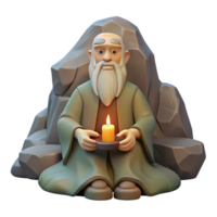 impressive traditional A wise old hermit with a long white beard and tattered robes, meditating in a mountain cave, illuminated by a single candle. Spiritual art style high resolution png