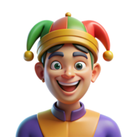 impressive traditional Portrait of a man with a mischievous glint in his eyes, wearing a jester's hat, lit by colorful, theatrical lighting, in a whimsical style high quality png