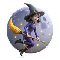 extraordinary creative A young witch with a pointed hat and a broomstick flies across a starry night sky. Silhouetted against the moon. Halloween style original png