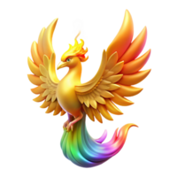 serene minimalist An ethereal phoenix rising from a pyre of golden flames, its feathers ablaze with rainbow hues, lit by its own light, in a majestic fantasy style detailed png