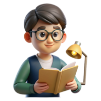 serene classic Portrait of a student with a focused expression, wearing glasses and reading a book, lit by a desk lamp, in a realistic style detailed png