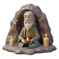 impressive vintage A wise old hermit with a long white beard and tattered robes, meditating in a mountain cave, illuminated by a single candle. Spiritual art style 4K png