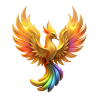 serene abstract An ethereal phoenix rising from a pyre of golden flames, its feathers ablaze with rainbow hues, lit by its own light, in a majestic fantasy style original png