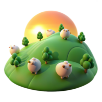 beautiful classic A rolling green hill dotted with sheep, bathed in the warm glow of a summer sunset, with a peaceful, pastoral painting style 4K png