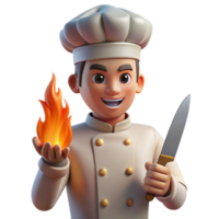 stunning creative Portrait of a chef with a determined expression, holding a sharp knife, lit by the warm glow of a kitchen fire, in a photorealistic style genuine png