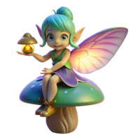 extraordinary creative A mischievous pixie with iridescent wings, perched on a giant, bioluminescent mushroom, holding a tiny lantern. Soft, magical lighting. Dreamlike style original png