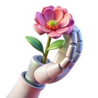 dramatic abstract A robotic hand holding a delicate flower, contrasting textures, soft lighting authentic png