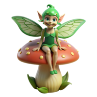 dramatic traditional A mischievous forest sprite with emerald skin and butterfly wings, perched on a giant mushroom, dappled in sunlight. Hyperrealistic style original png
