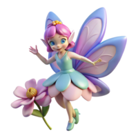 elegant creative A whimsical fairy with delicate, butterfly wings fluttering around a blooming flower. Dreamlike style, soft focus professional png