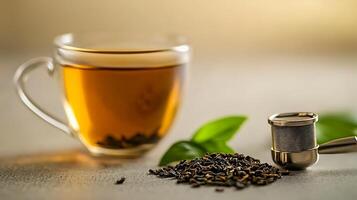 A close-up of a steaming cup of tea beside loose tea leaves and a tea infuser, with soft background photo