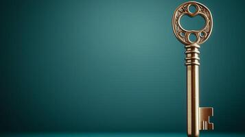 Vintage brass key standing upright against a teal background, symbolizing security and access photo