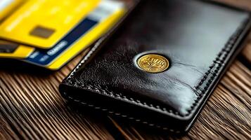 Elegant leather wallet with credit cards resting on a rustic wooden surface, showcasing style and functionality photo