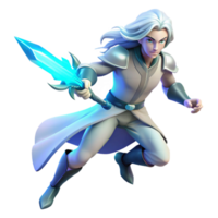 beautiful artistic A lone, ethereal warrior with flowing silver hair and glowing blue eyes, wielding a crystal sword, bathed in soft moonlight. Art Nouveau style professional png