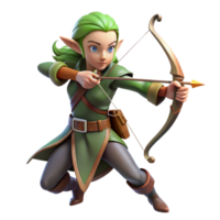 wonderful modern A graceful elf with long, pointed ears and a bow and arrow, aiming at a distant target. Soft, forest lighting. Fantasy art style detailed png