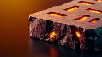 Close-up of a textured rock with glowing crevices, set against a smooth dark background photo