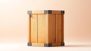 Wooden crate with metal corners placed against a soft, neutral background, showcasing craftsmanship photo