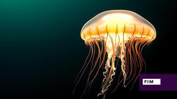 Vibrant jellyfish illuminating the dark ocean depths with flowing tentacles, creating a serene atmosphere photo