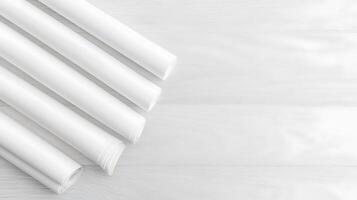 Rolled white paper sheets arranged neatly on a light wooden surface, ideal for art projects photo